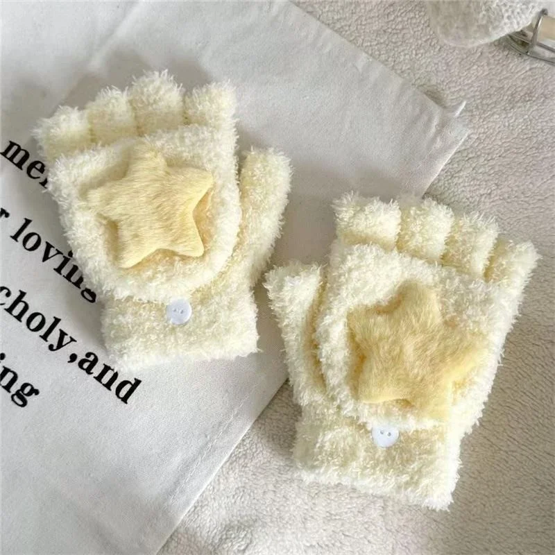 Thickened Winter Knitted Gloves for Children Writing Half-Finger Star Pattern Cute Korean Style Warm Half-Finger Gloves