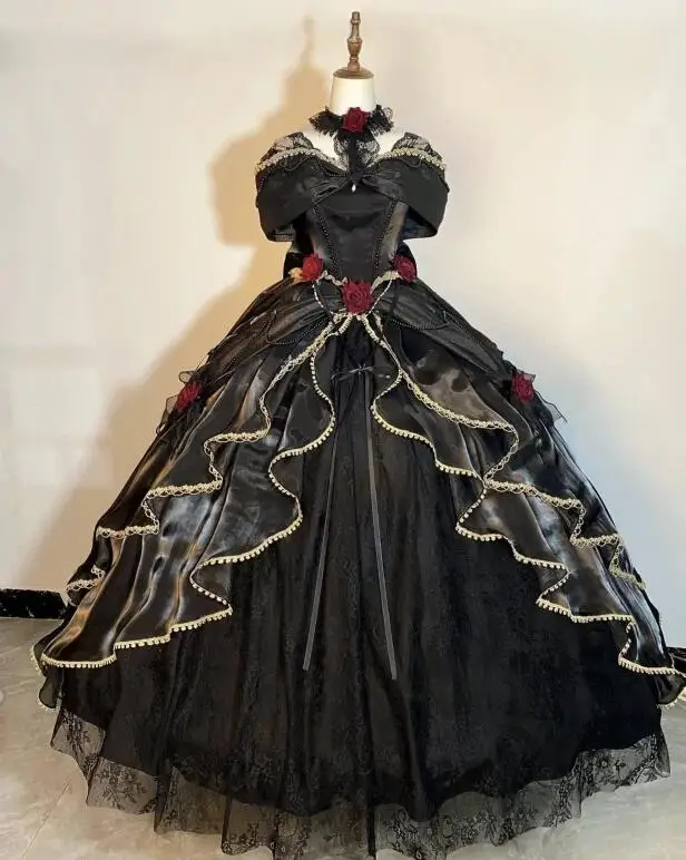 

Vintage Gothic Black Wedding Dresses Victorian Ruffles Off Shoulder Bridal Gowns Women Vampire Cosplay Evening Dress