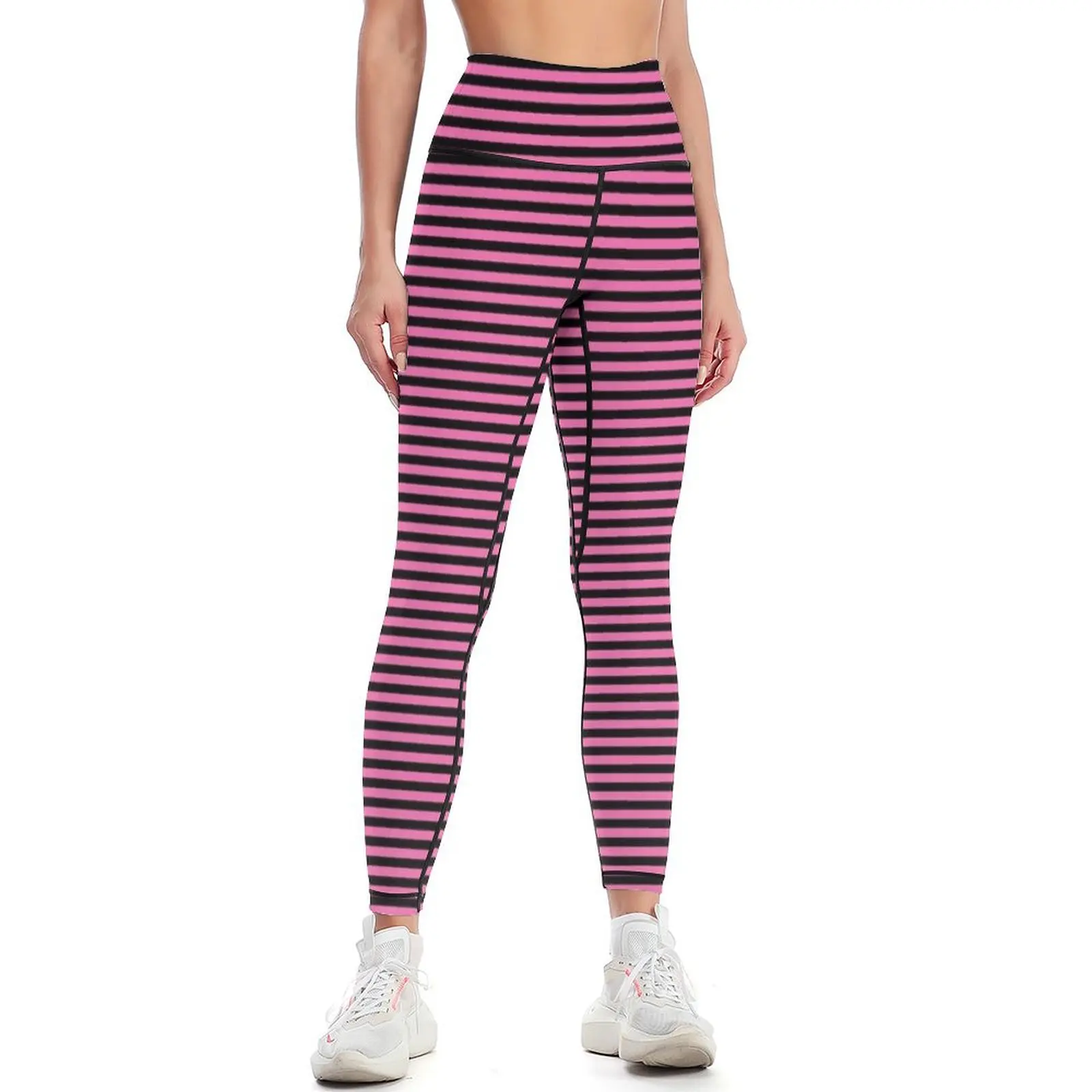 Black and Light Hot Pink Candy Stripe Horizontal Thin Stripes | Leggings gym womans Womens Leggings