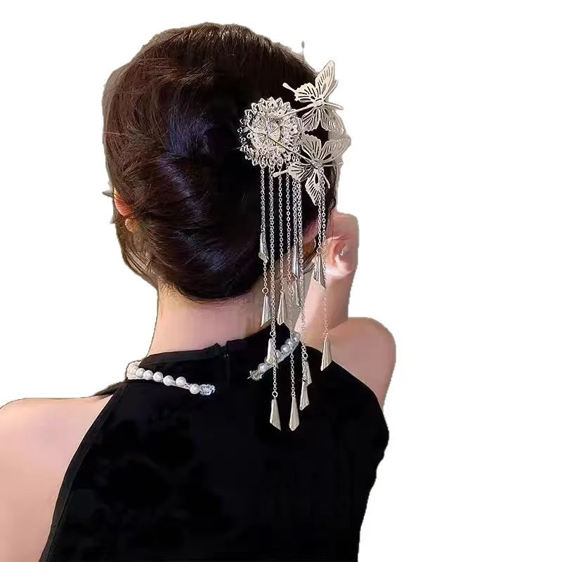 دبوس شعر على الطراز القديم على شكل حرف U للنساء مع دبوس شعر معدني بشرابة على شكل فراشة، دبوس شعر طويل قديم، دبوس شعر هانفو #6