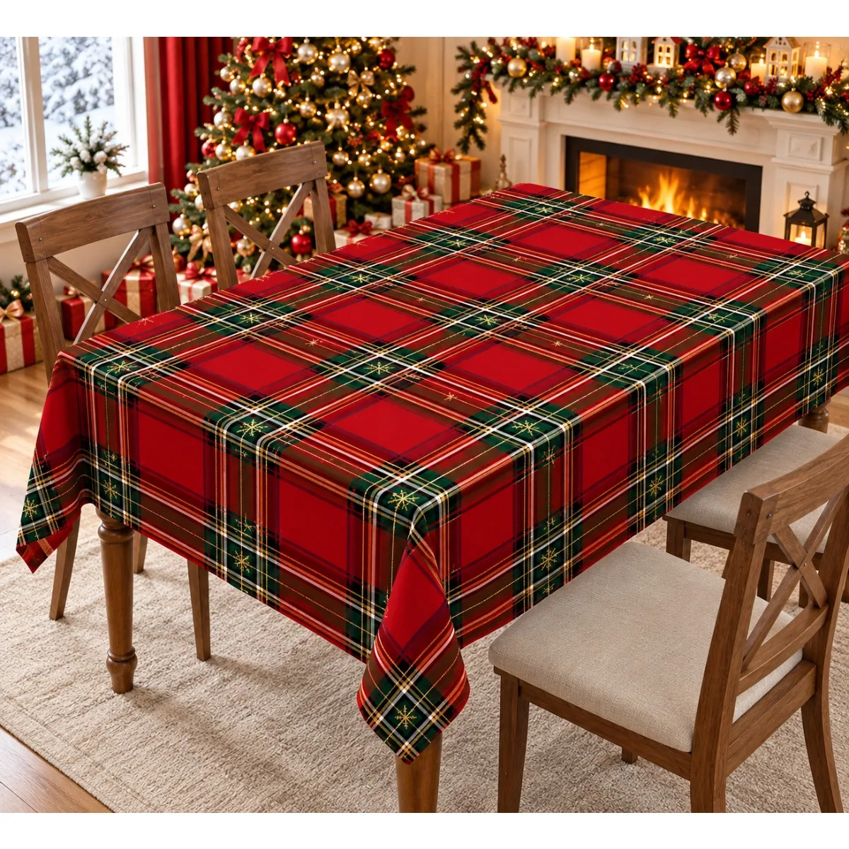 1 square tablecloth, Christmas red green gold Scottish checked polyester tablecloth, classic festive color scheme, durable