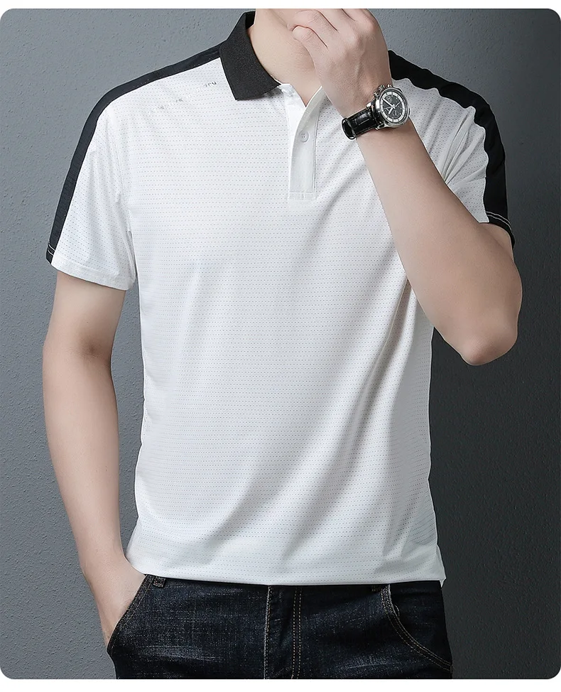 رجل قصير الأكمام الأعمال تي شيرت سريعة الجافة تي شيرت بولو تنفس قميص بلايز الحرير الجليد بدوره إلى أسفل طوق رجل الملابس MY964