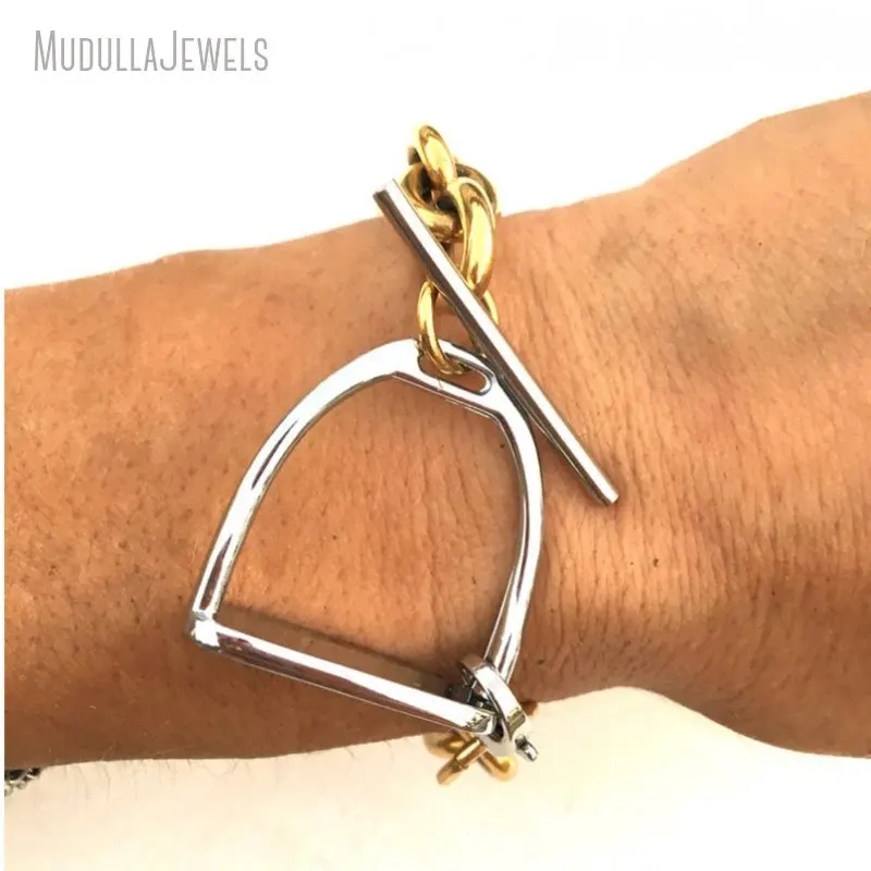 10pcs Stainless Steel Link Chain Stirrup Charm Bracelet Bold Men Women Bold Equestrian Jewelry Gift for Horse Lovers