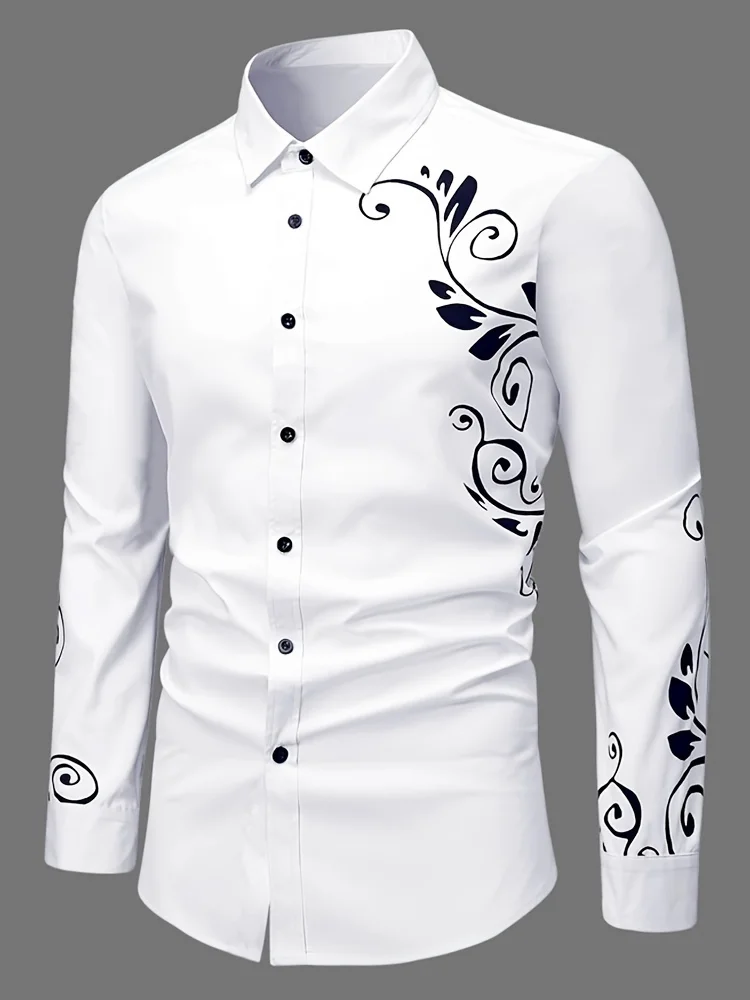 

2025 Новая мужская элегантная рубашка с 3D цветочным принтом, модная рубашка с длинными рукавами и пуговицами с лацканами, повседневная мужская пригородная одежда
