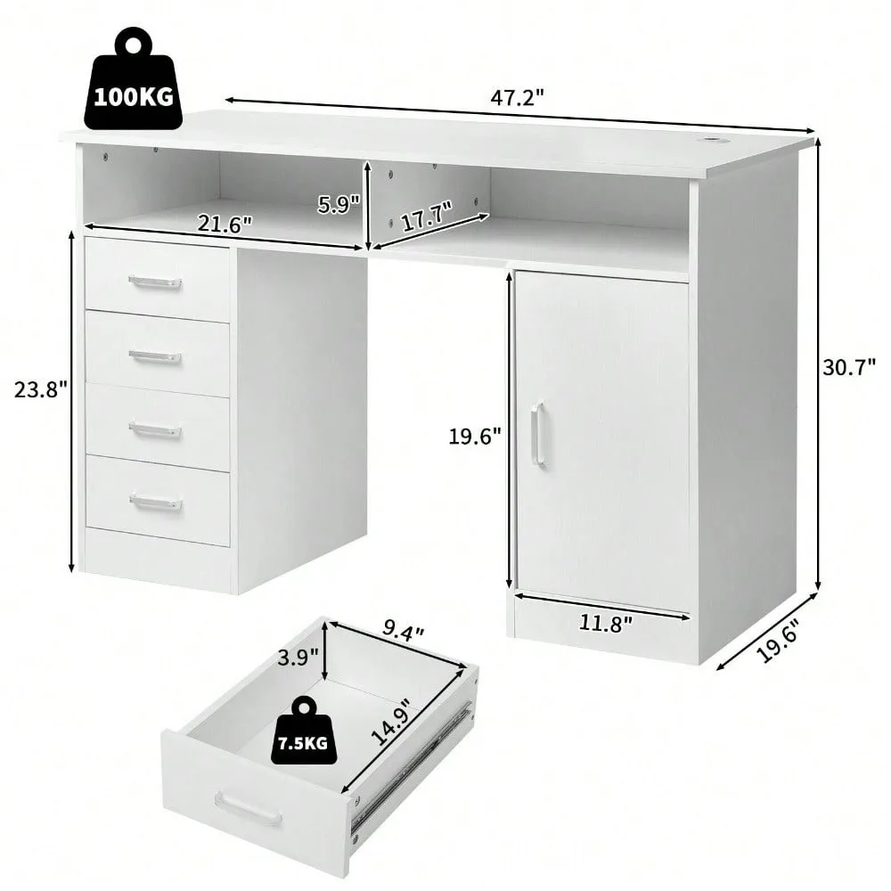 Computerbureau Bureau met 4 lades Gamingbureau PC Werkstationtafel Wit