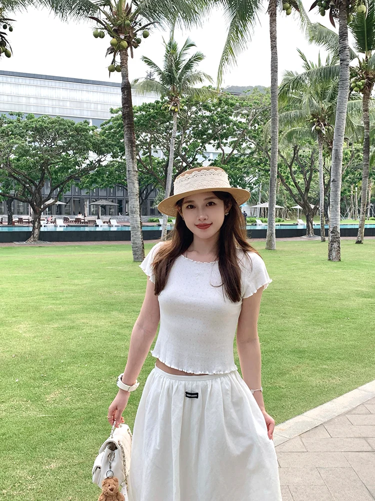 

Elegant White Lace Trim Short T-Shirt Women's Cotton Breathable Sweat Absorbent round Neck Crossbody Print Cute Style