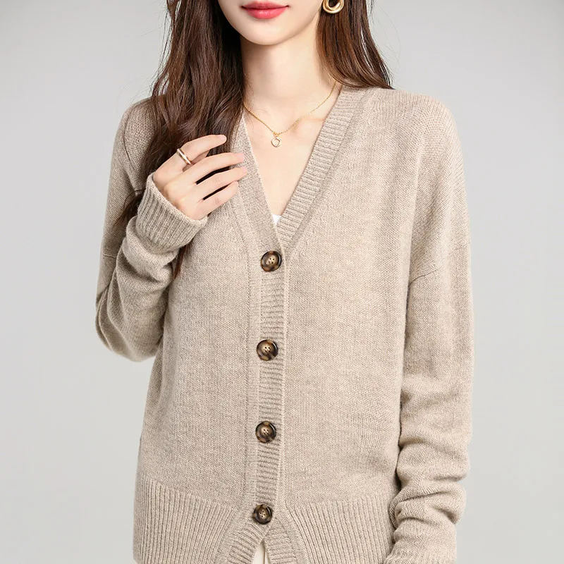 Knitted cardigan women's new V-neck loose and lazy INS minimalist style slimming and flesh covering sweater jacket