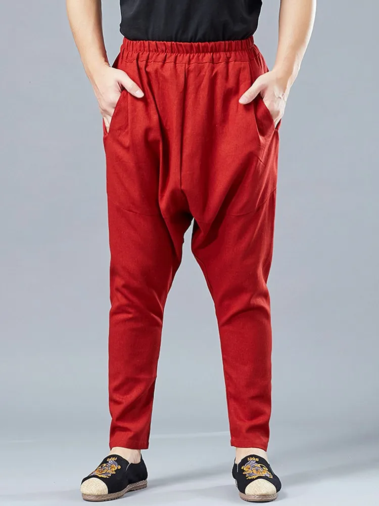Vintage Mens Casual Linen Drop Crotch Harem Pants Autumn Elastic Waist Long Trousers Pockets Loose Fit Cross-Pants Streetwear
