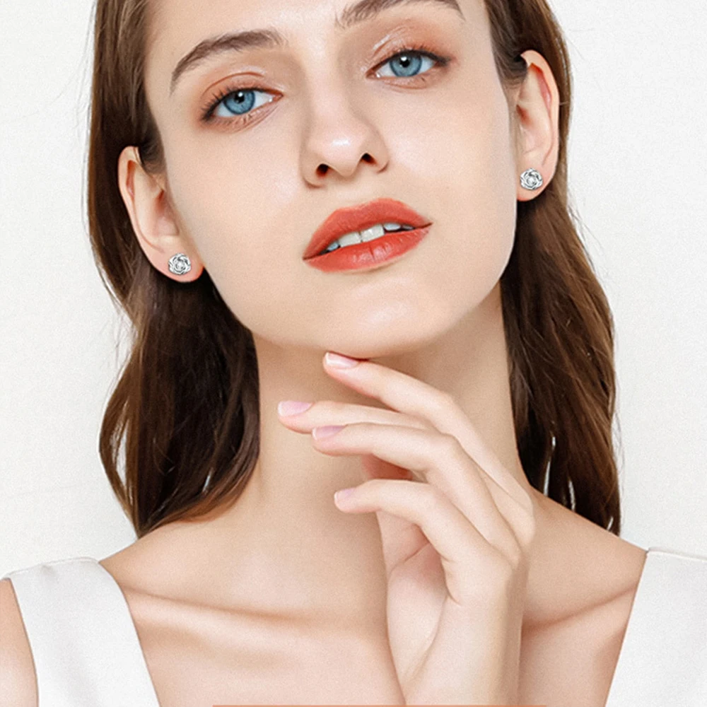 Sweetrain Rose Gold Moissanite Earrings for Women 925 Sterling Sliver 3mm Rose Flower Diamond Stud Earring Fine Jewelry Gift