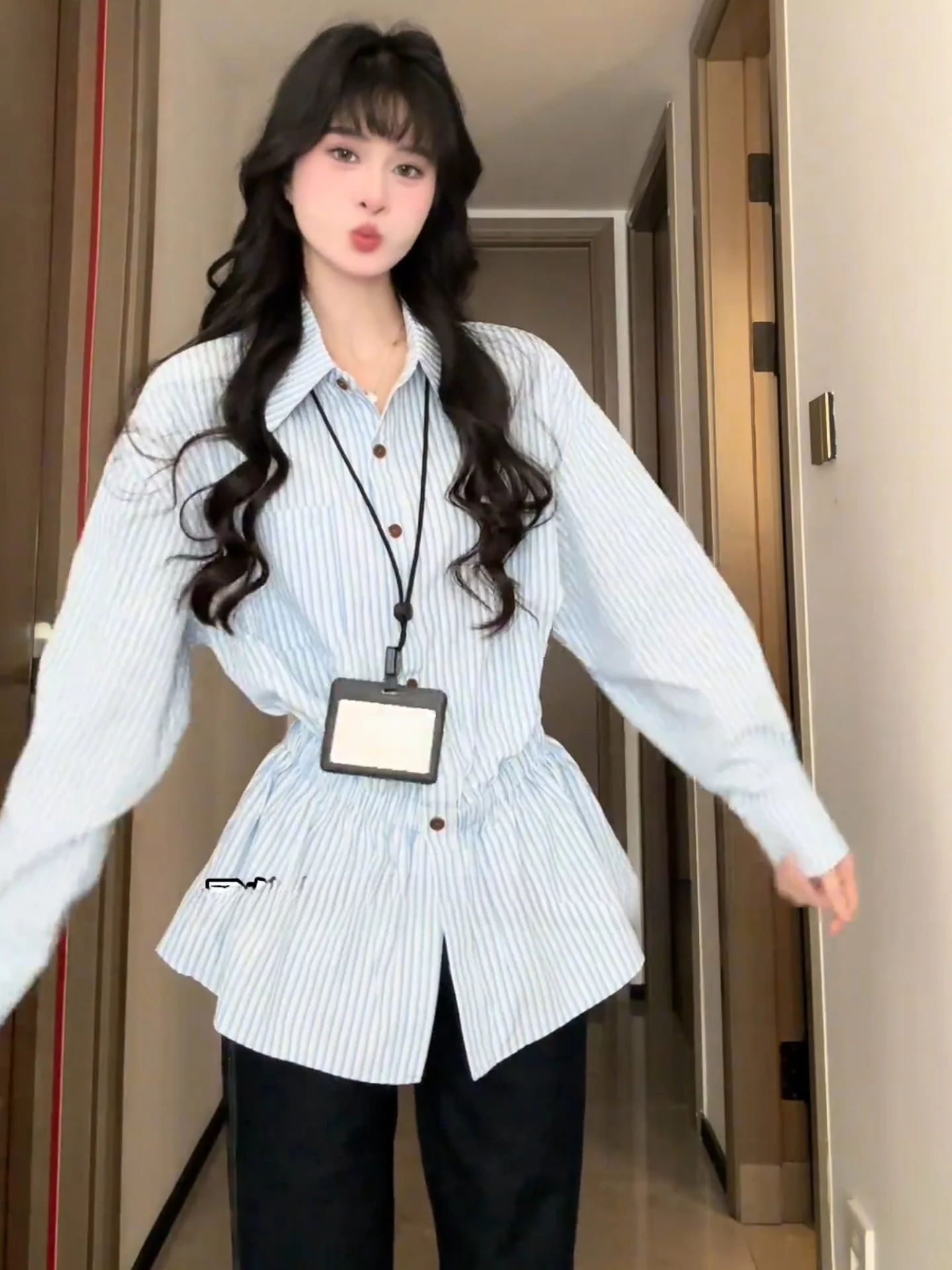 

Американский воротник-стойка в полоску Dr, женский весенний многослойный миди с завязкой на талии, модный возрастной топ