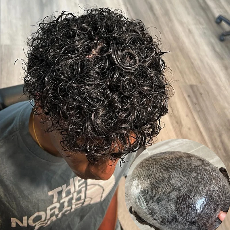 

Прочный полиуретановый основой из полиуретана, имитирующий кожу головы, с естественной линией роста волос, 25 мм, кудрявый, мужской, 100% натуральные человеческие волосы, парик-накладка, система замещения волос, капиллярный протез