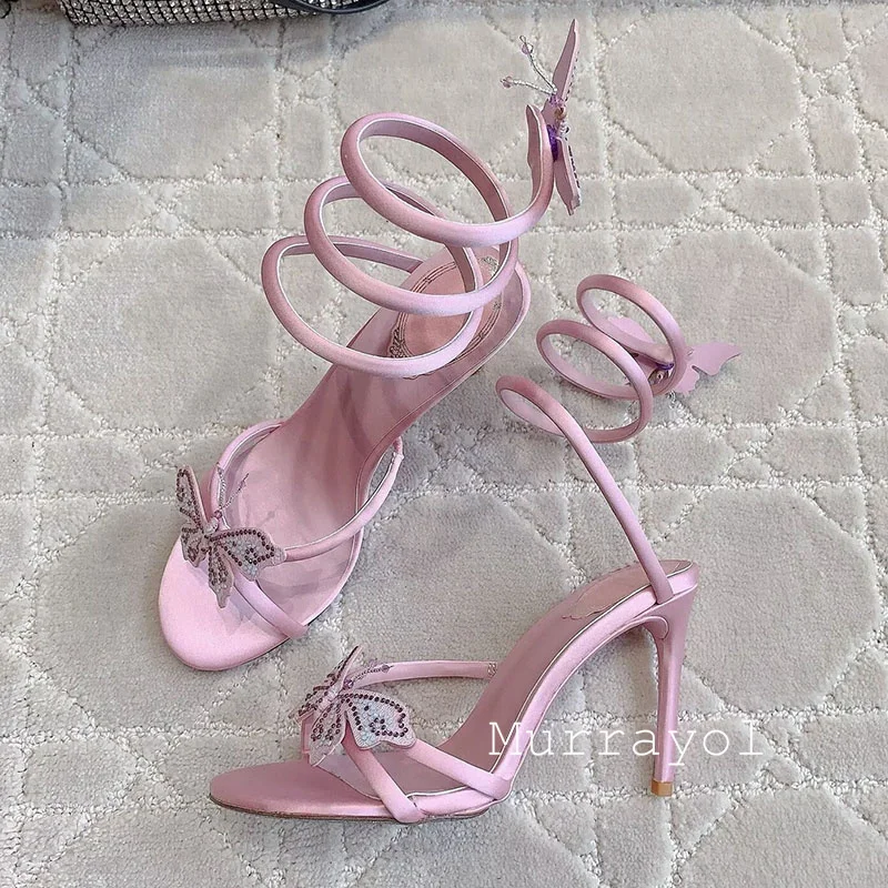Bling Rhinestone Sandalias Butterfly Decor Thin High Heels Women Snake Shaped Elastic Strap Sandals Summer Party Fairy Shoes
