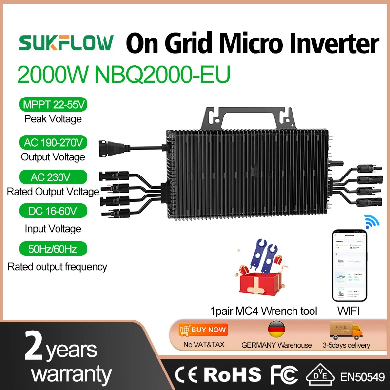 

SUKFLOW 1600W 2000W 2250W Grid Tie Micro inverter 16-60VDC to 190-270VAC Micro inverter for PV Power System EU Stock