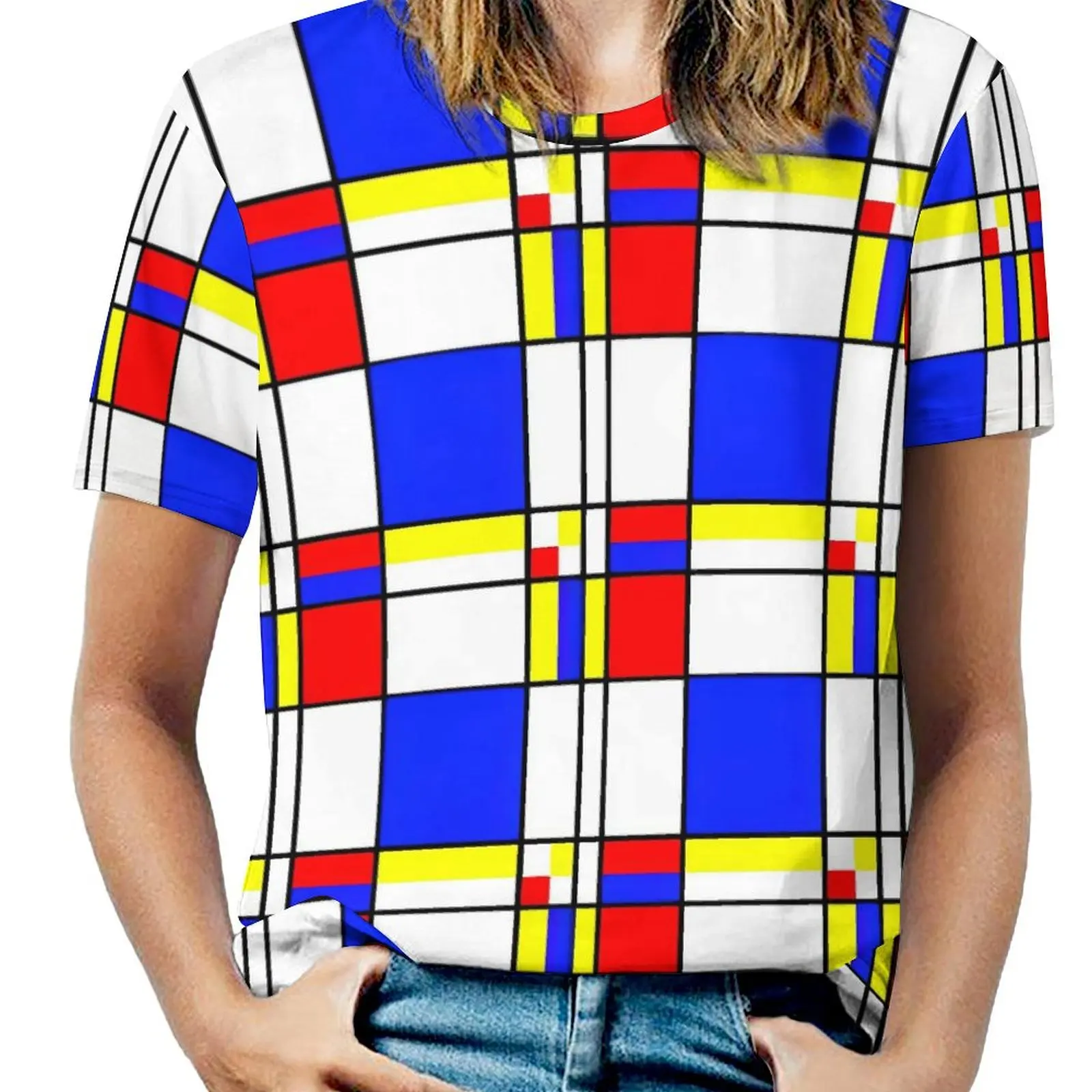 Mondrian T Shirt Colorful Checkerboard Modern T Shirts Short Sleeves Korean Fashion Tee Shirt Summer Design Top Tees Big Size