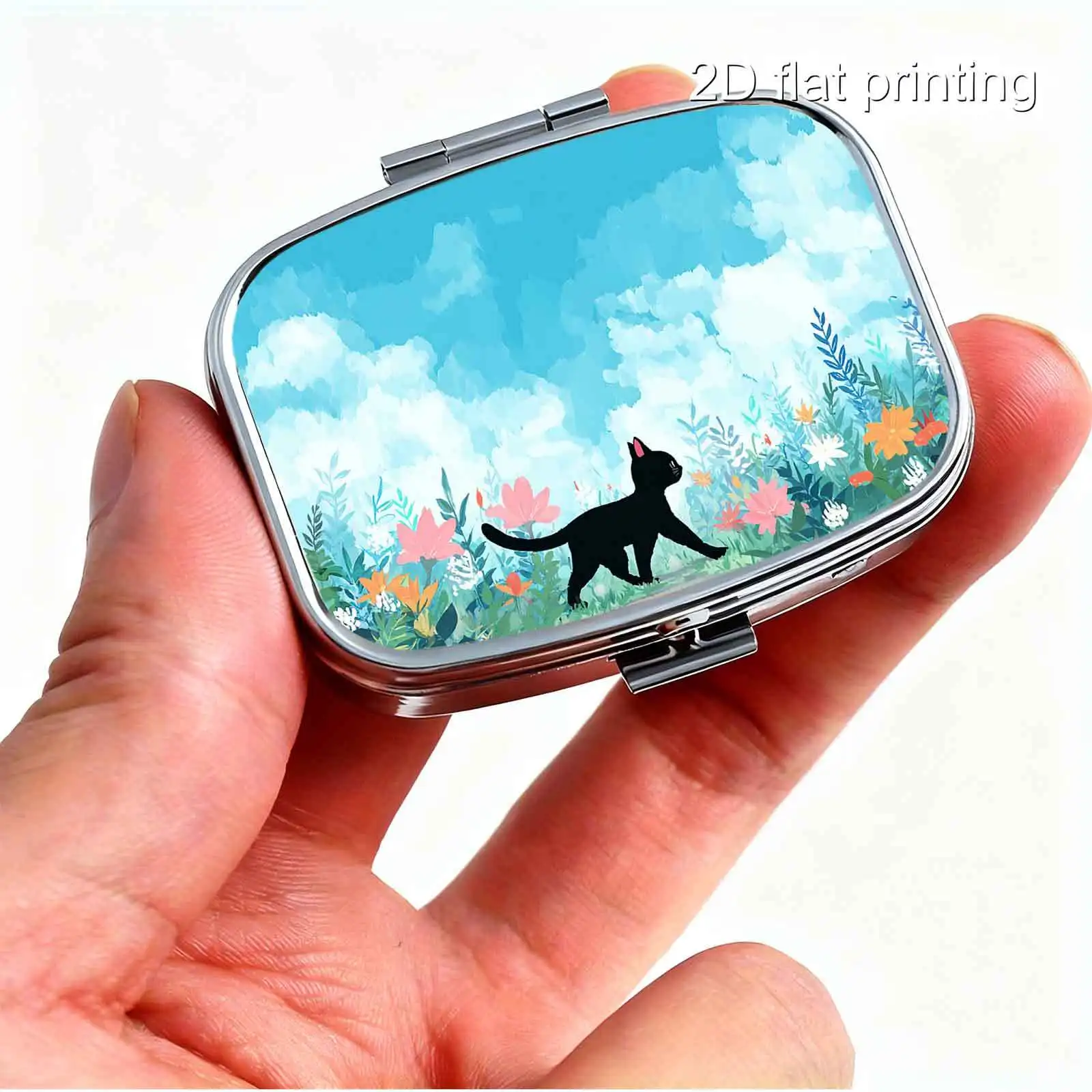 Fresh Watercolor Illustration of Blue Sky, Flowers, and a Small Black Cat Silhouette, Square Two-Compartment Small Pill Box, Portable Medicine Storage, Small Jewelry Organizer, Suitable for Handbags or Travel, Holiday Gifts, Souvenirs, Prizes, Small Gifts, for Personal Use or as an Exquisite Gift Option