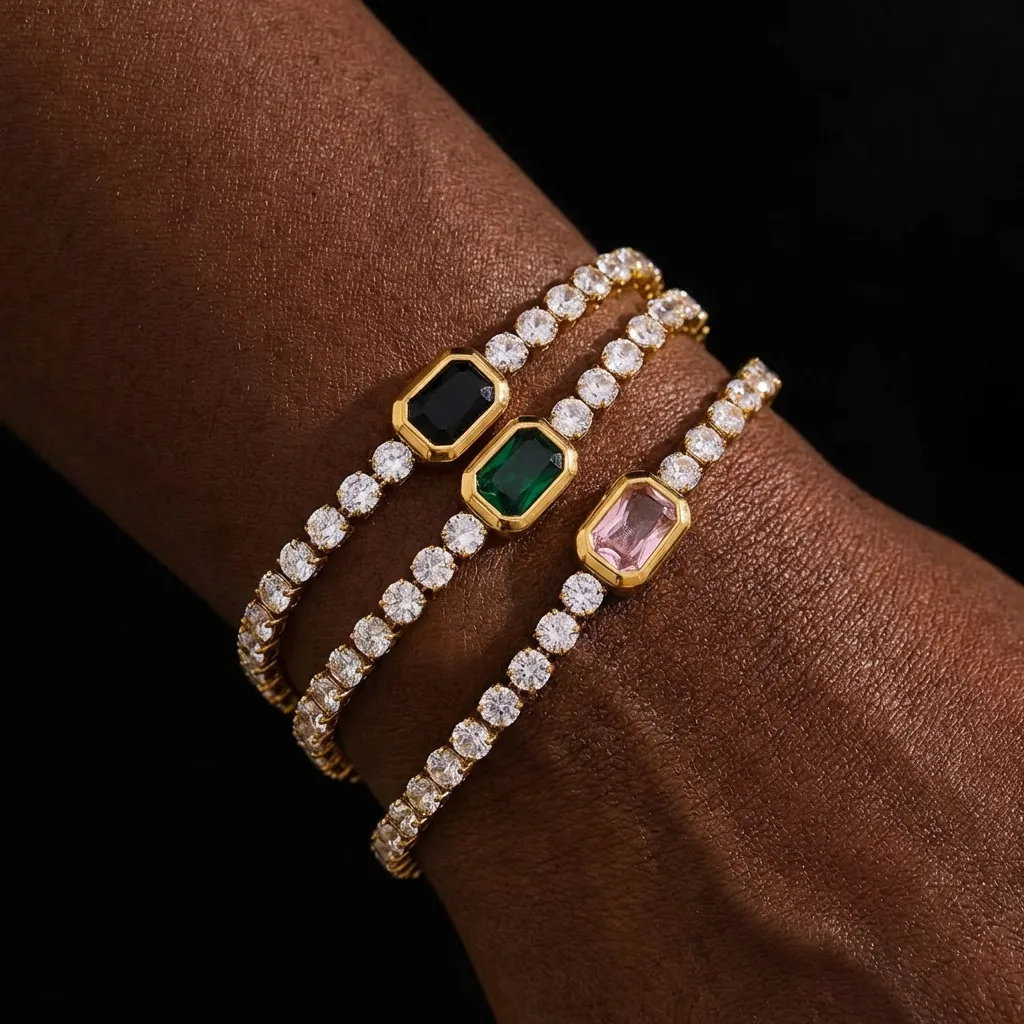 

Stainless Steel Bracelet Black Green Pink Square Zircon Charm Gold Color Elegant Women Jewelry Adjustable Luxury Fashion Jewelry