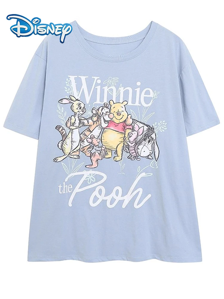 

Disney Front Back Winnie the Pooh Bear Cartoon Print T-Shirt Cute Women Short Sleeve O-Neck Pullover Loose Tee Tops Blue Female