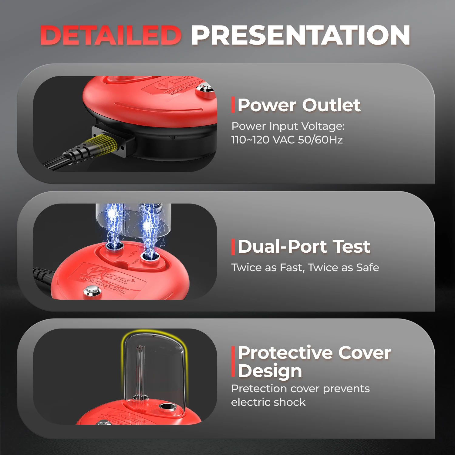 เครื่องมือทดสอบหัวเทียน KZYEE KS30 สำหรับตรวจสอบการทำงานของเครื่องยนต์ ทดสอบการจุดระเบิด 110~120V AC 50/60Hz สำหรับรถยนต์ 12V