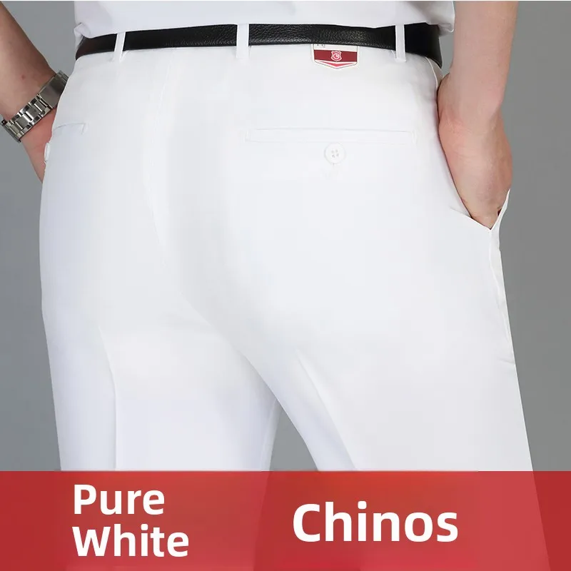 

Authentic Pure White Silk Men's Pants Casual Busin Sle Loose Fit Long Trousers Summer Season Straight Leg Polyester 25%