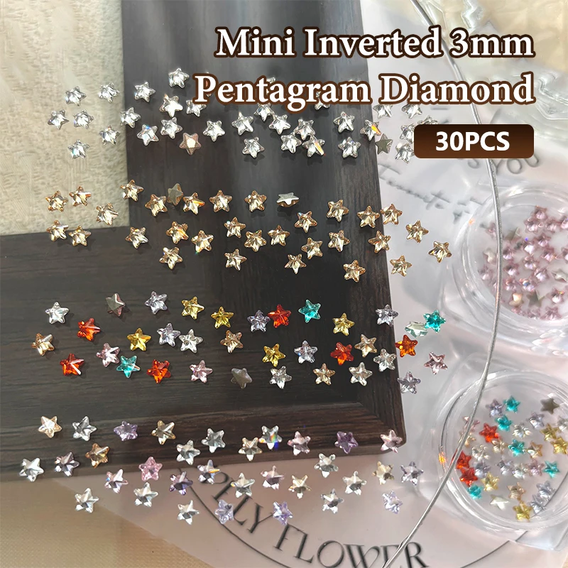 1Box 30Pcs Sparkling Pentagram Zircon Nail Charms Cute Minimalist Flatback Rhinestones 3mm Multi-color Mini Star Gems Nail Parts