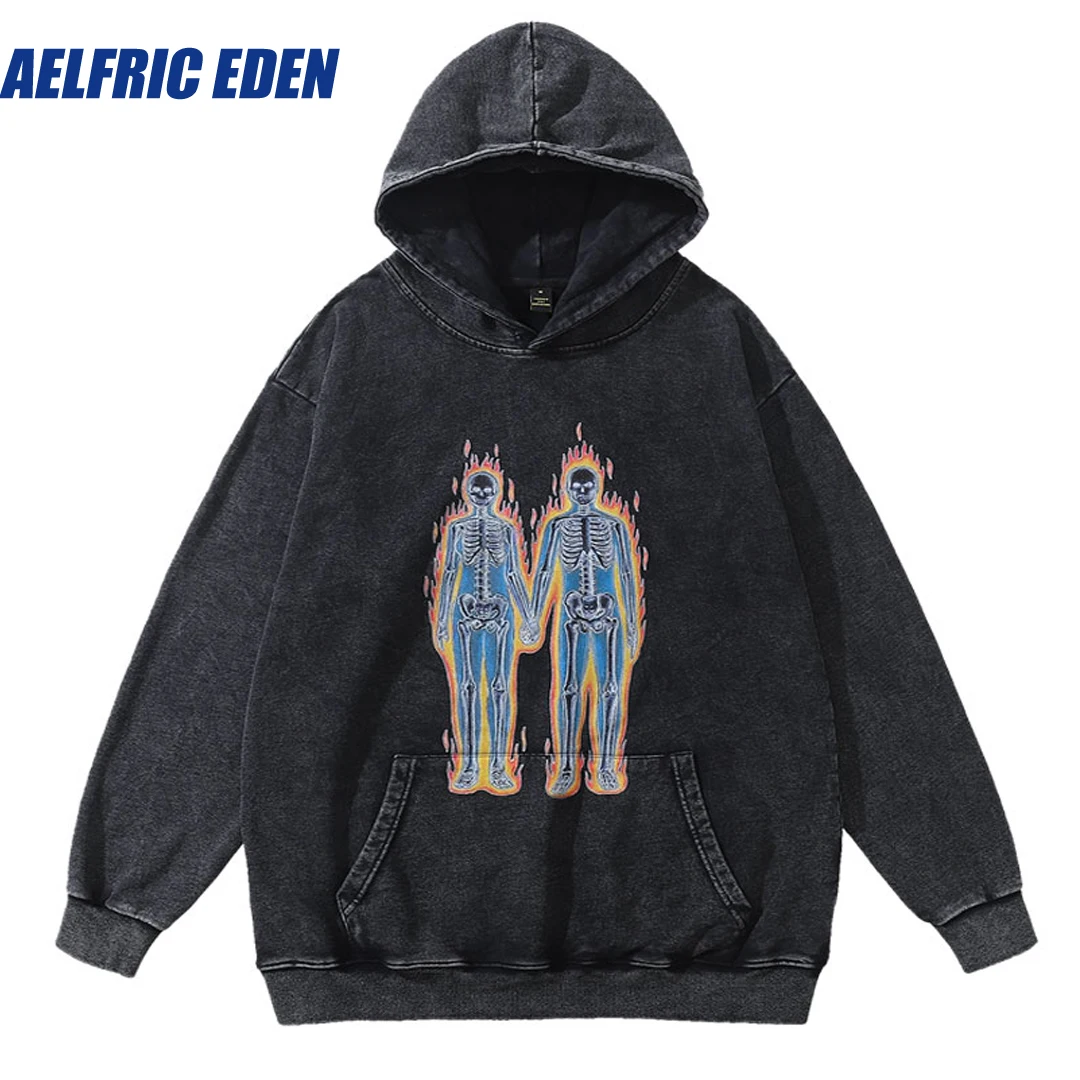 

Aelfric Eden Skeleton Skull Print Punk Gothic Wash Oversize Hoodie Sweatshirt Y2K Grunge Hip Hop Vintage Harajuku Loose Hooded