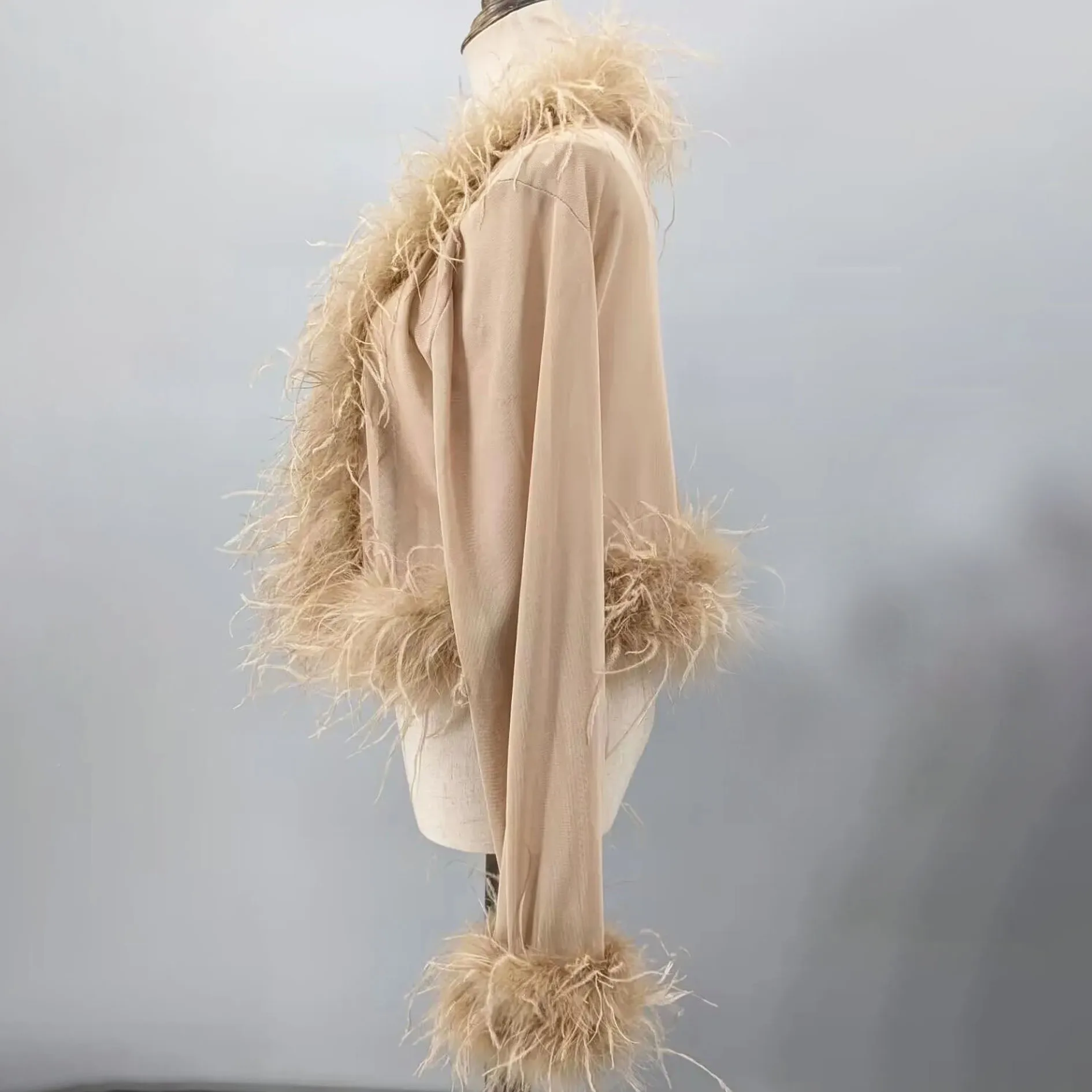 Women See-Through Top with Real Ostrich Feather Brown Black Cropped Jacket Top Bolero 240711