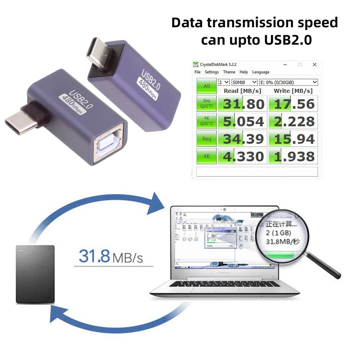 Cablecc-adaptador de extensão para impressora e disco de telefone, usb 2.0 b fêmea para tipo c macho, 2 partes um conjunto
