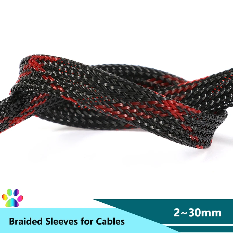 Black-Red Cross PET Braid Sleeves 2/4/6/8/10/12/14/16/20/25/30mm High Density Insulated Snake Skin Cover Case Cable Wrap Sheath