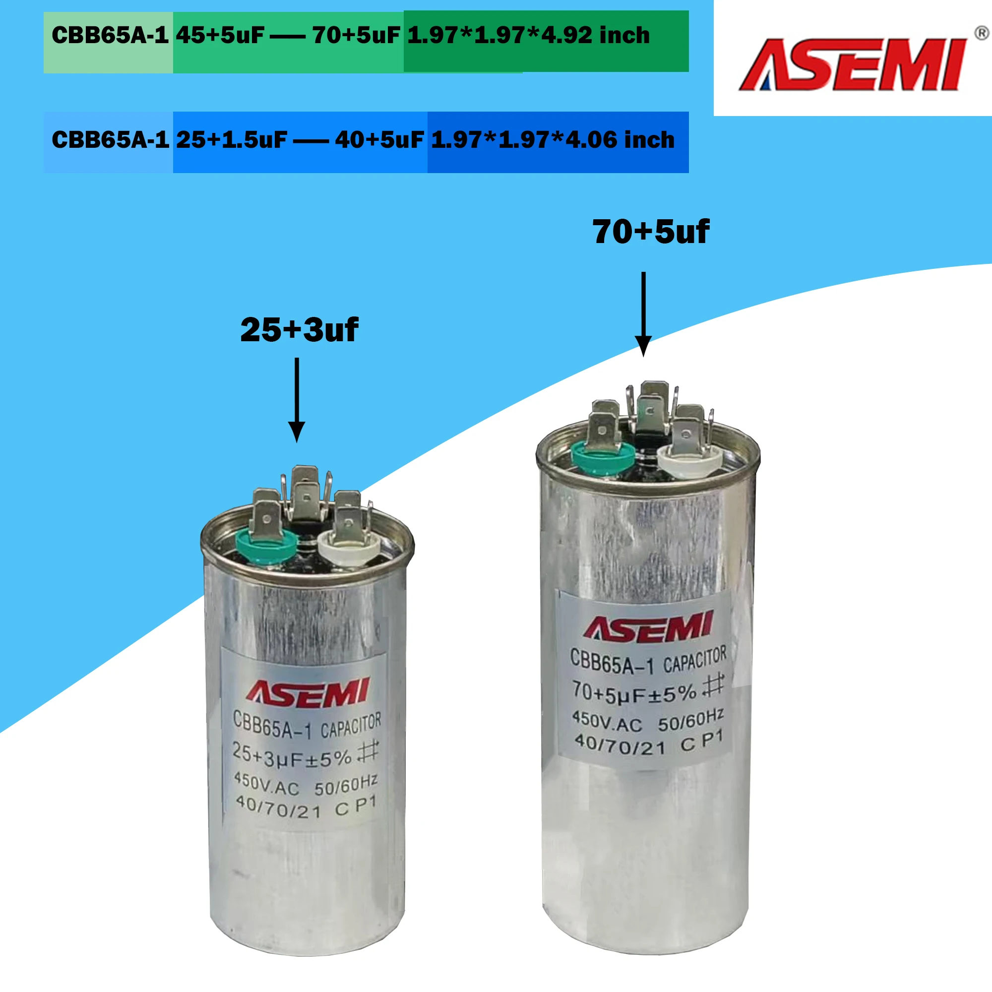 CBB65 Air Conditioning Capacitor ASEMI 25+1.5uF  30+1.5uF 30+5uF 35+1.5uF 35+3uF 35+6uF