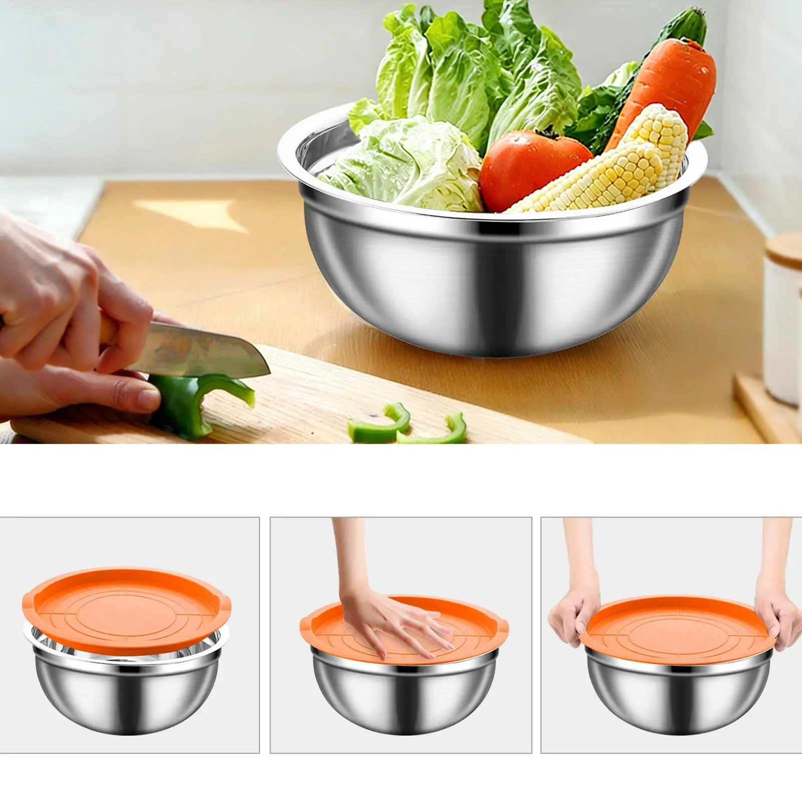 

Steel Mixing Bowls Round Non-Slip Dishwasher Safe Airtight Lids Salad Making Mixing Bowls For Sauce Snacks Eggs Seasonings