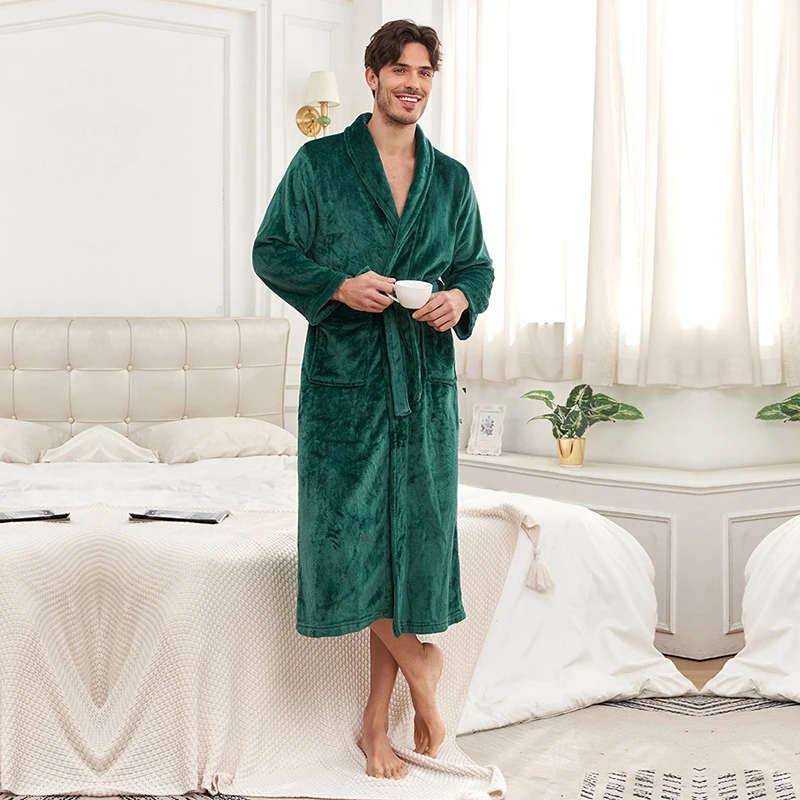 Thickened Flannel Men Robe Sleepwear Autumn Winter Warm Coral Fleece Bathrobe Gown Nightwear Loose Casual Home Wear Loungewear