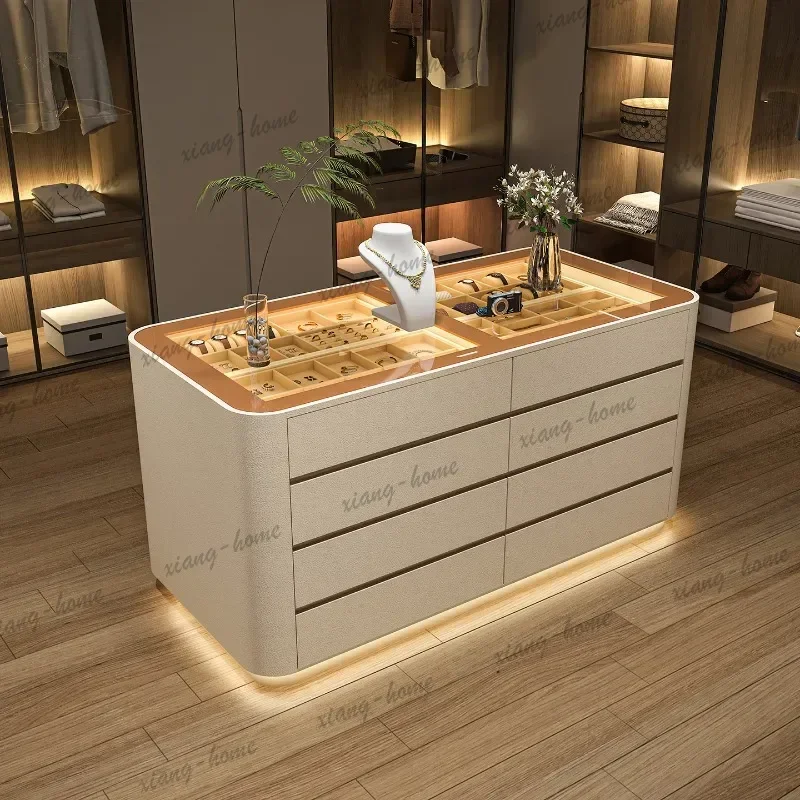 LSLarge storage Jewelry display living room cabinet storage decorative cabinet tempered glass touch lamp leather Super furniture