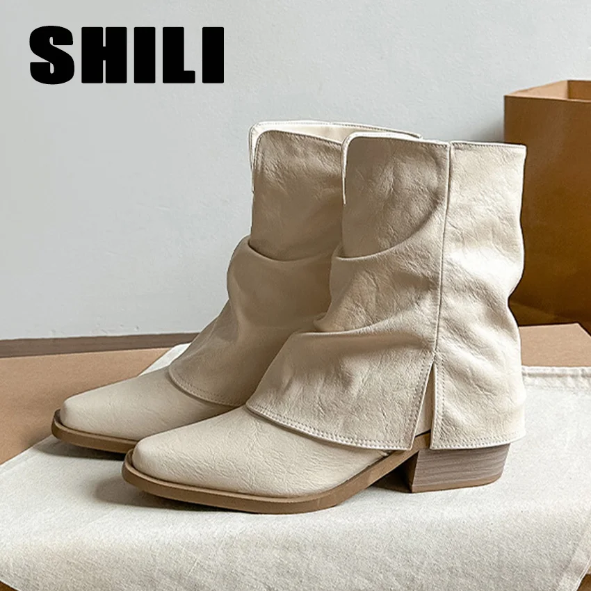 botas mujer Ankle Boots for Women Autumn Winter Square Heel Pointed Toe Slip-On Retro PU Leather Concise Versatile Ankle Boots