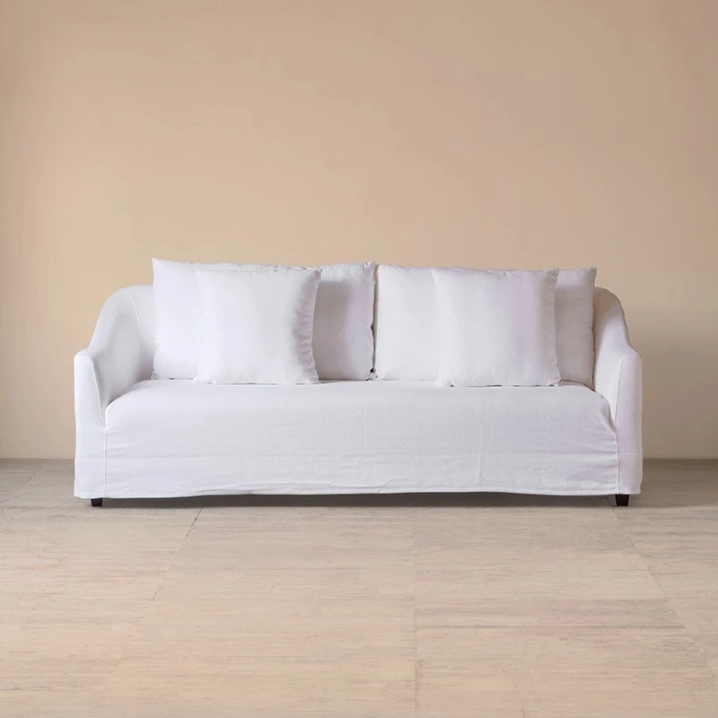 

wabi-**** wind washed cotton and linen three-person sofa, Nordic retro white linen down latex sofa