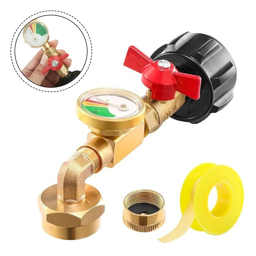 Brass Propane Refill Elbow Adapter With Gauge And Valve Control For 1Lb Tanks To 5-40LB Cylinders Camping BBQ Outdoor Cooking To