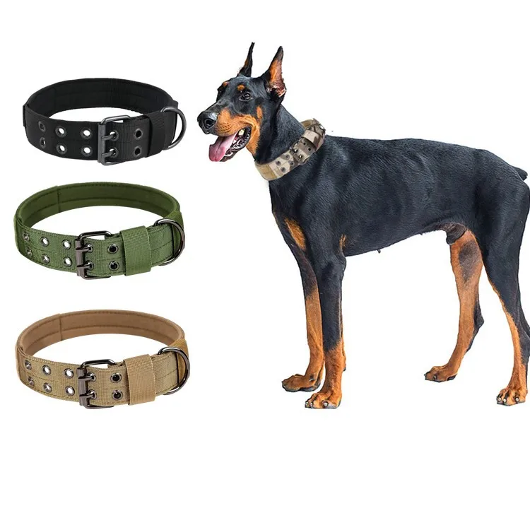 Durable Nylon Tactical Dog Collar with Double Pin Buckle & Metal D Ring for Medium Large Dogs