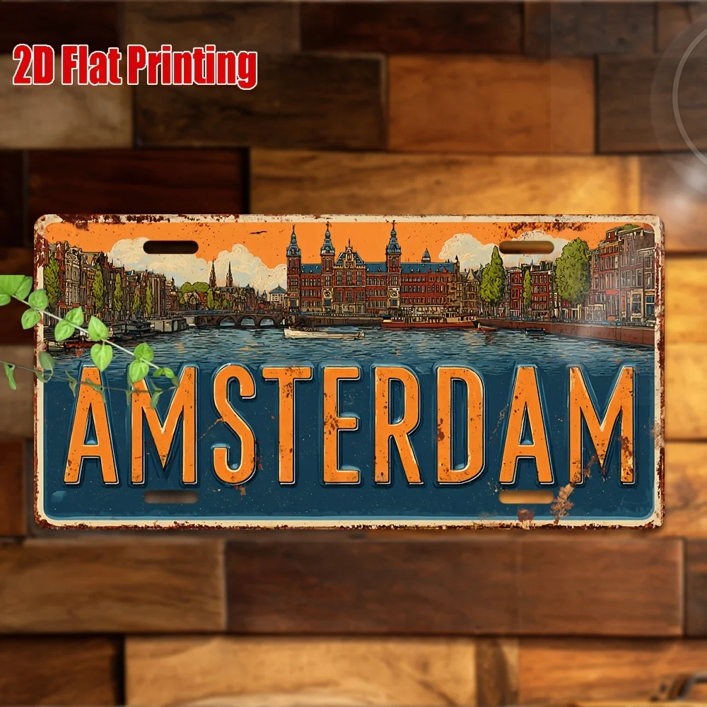 Letrero Metálico Plano 2D - 1 Letrero de Matrícula Vintage de Ámsterdam |   Decoración de pared de aluminio de 29,97x14,99 cm con diseño de paisaje urbano holandés, Windpro