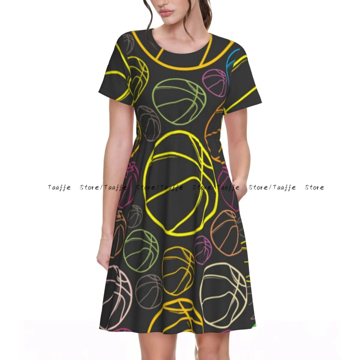 Women Casual Elegant Dress Basket Balls Sketch Pattern Short Sleeves Loose Dresses Weekend Holiday