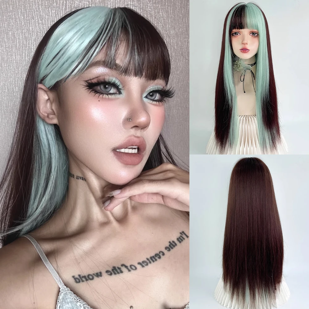 Peruca sintética marrom misturada com destaques verdes, peruca reta com franja para mulheres, cosplay diário, festa, lolita, cabelo falso realista