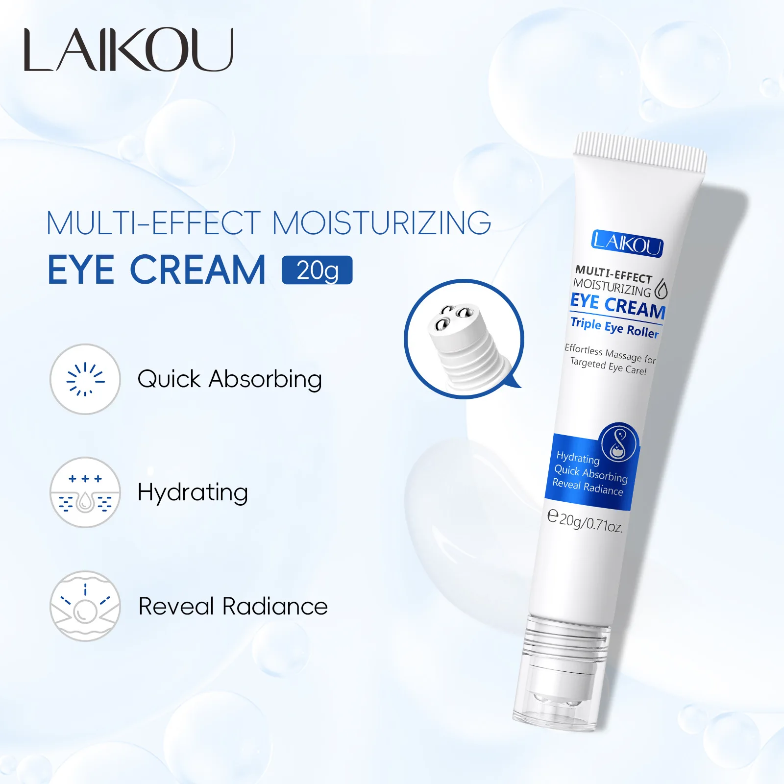 LAIKOU Roll On Eye Cream 20g, Hydrating Moisturizing Under Eye Care, Cooling Massage Ball for Puffiness Dark Circles Skin Care