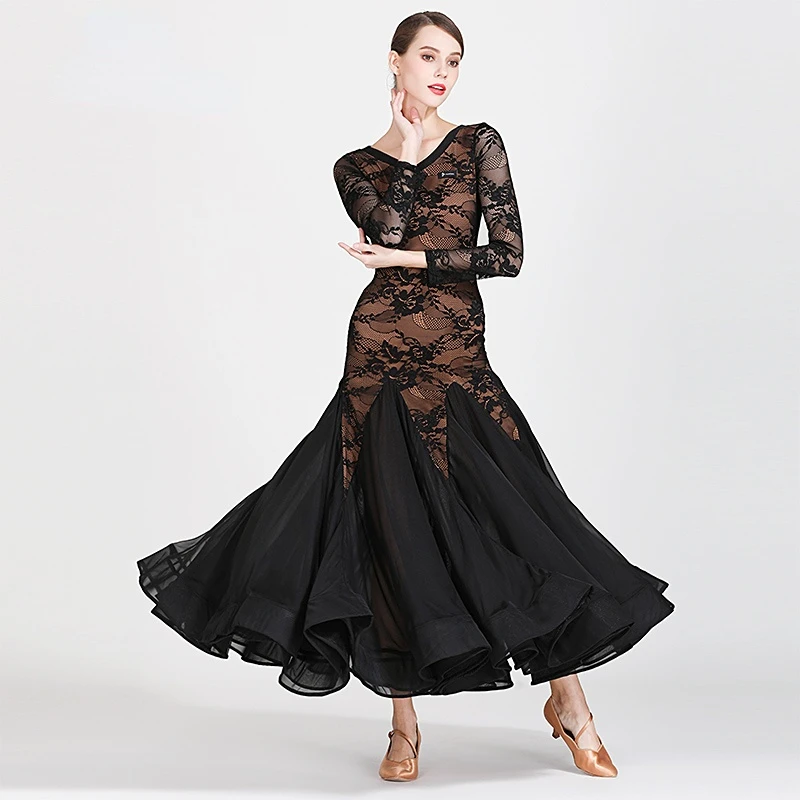 Adult Black Red Lace Standard Ballroom Dance Romantic Big Swing Skirt Girls Waltz Tango Galop Moden Competition Long Dress