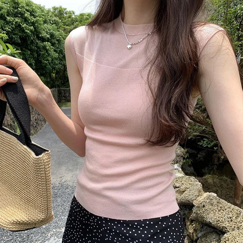 

Summer Fashion Knitted Round Collar Pullover Fashion Breathable Sexy Sling with Casual Solid Sleeveless High Stretch Tops D769
