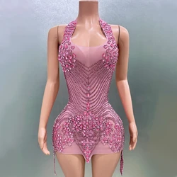 Flashing Rhinestone Pink Sexy Halter Backless Transparent Sheath Mini Dress Birthday Celebrate Costume Women Dancer Prom Outfit