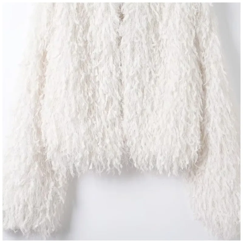 Veste en fil métallique à plumes pour femme, col rond, manches longues, manteaux courts simples et décontractés, hauts chics, automne et hiver