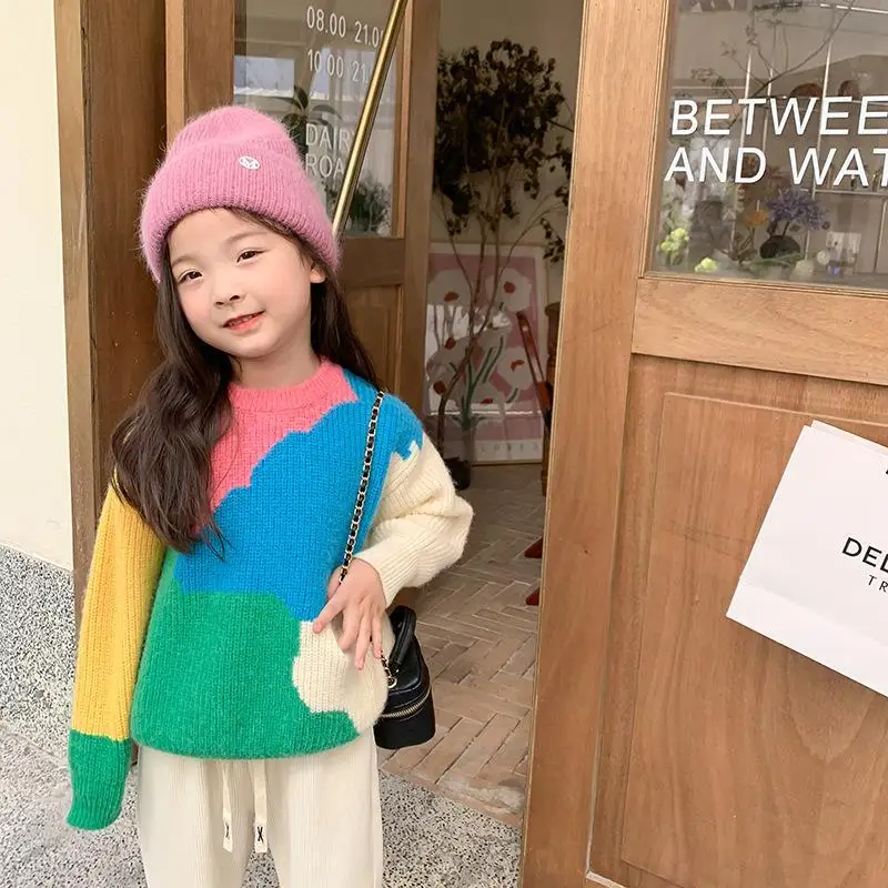 

Little Girl Baby Autumn Knitted Contrast Color Top Medium Children's Wear Children's Color Matching Rainbow Sweater