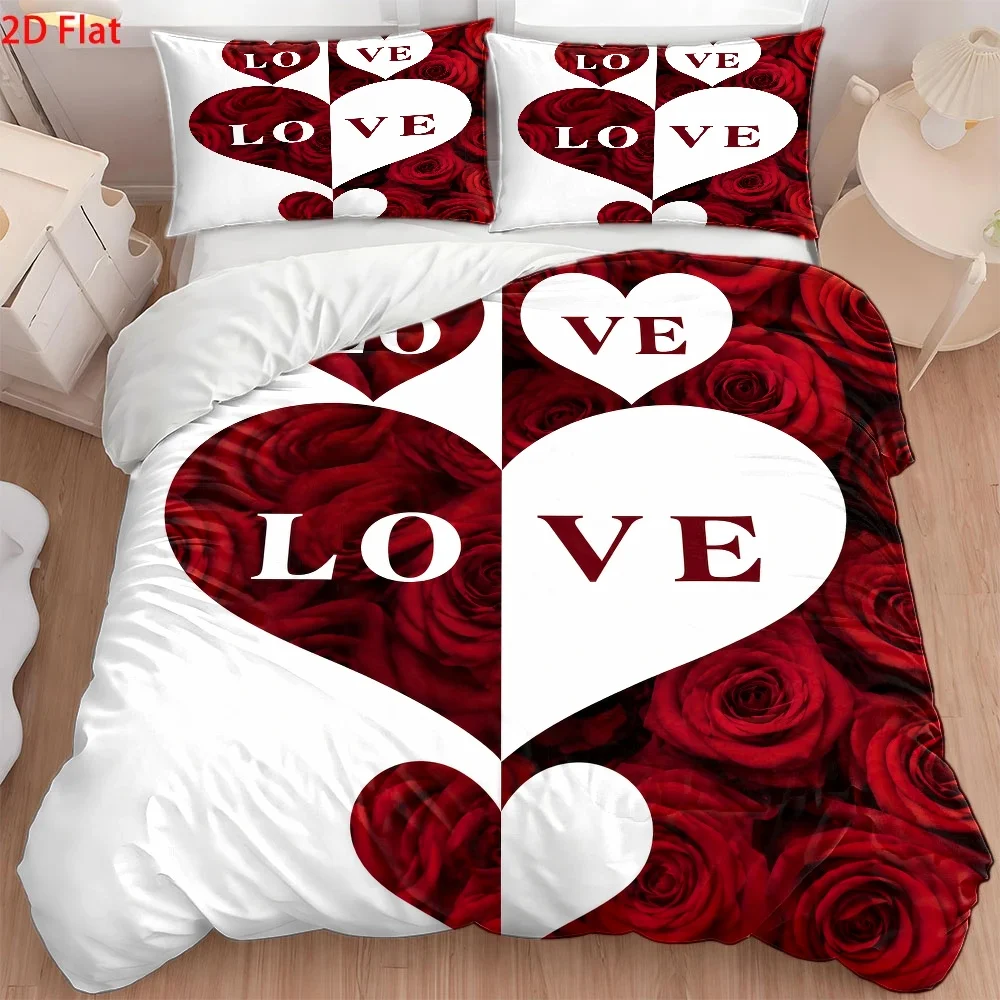 3Pc Romantic Rose Heart Love Printed Duvet Cover Set, Bedding Three-Piece Set (1*Duvet Cover + 2*Pillowcases), Skin-Friendly Breathable Polyester Woven Bedding, Modern Minimalist Light Luxury Style Double Bed Bedding, Invisible Zipper Closure Easy to Clean Durable Duvet Cover, Wrinkle-Resistant Machine Washable All-Season Bedding Set, Cozy Home Bedroom Decor Bedspread Set, Suitable for Home Dormitory Master Bedroom Guest Room Student Dormitory, Nordic Style Large Size