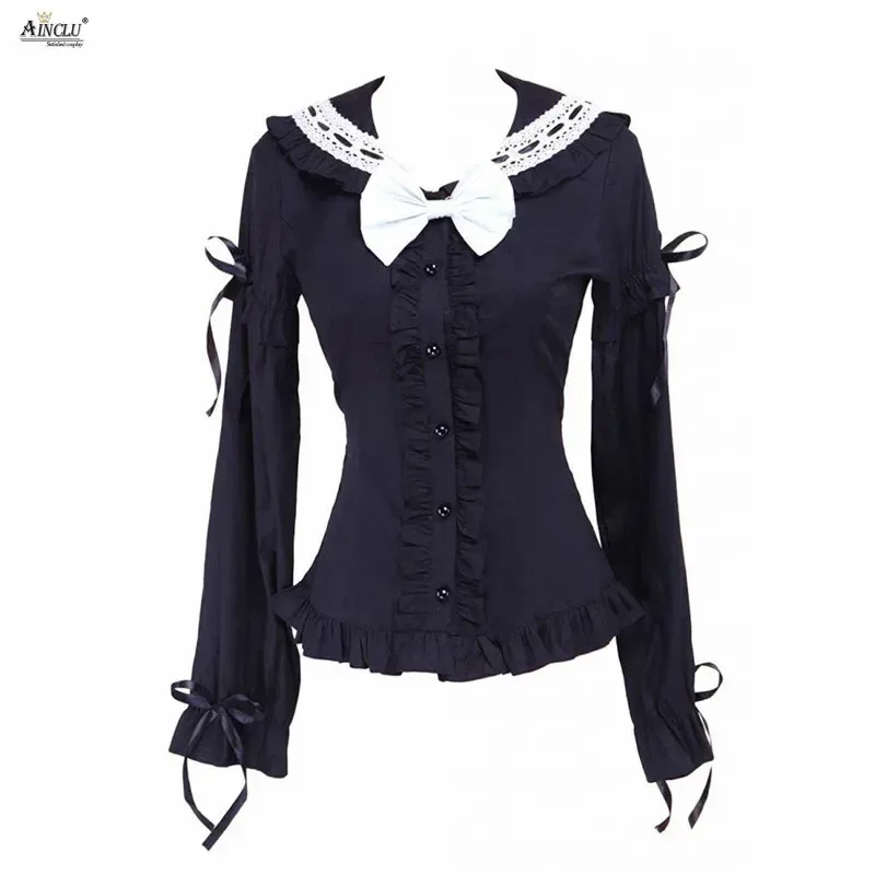 

Ainclu, бесплатная доставка, от XS до XXL, женская хлопковая черная блузка с аппликацией и бантом, оборками и верхняя одежда, хлопковая блузка в стиле Лолита для вечеринки