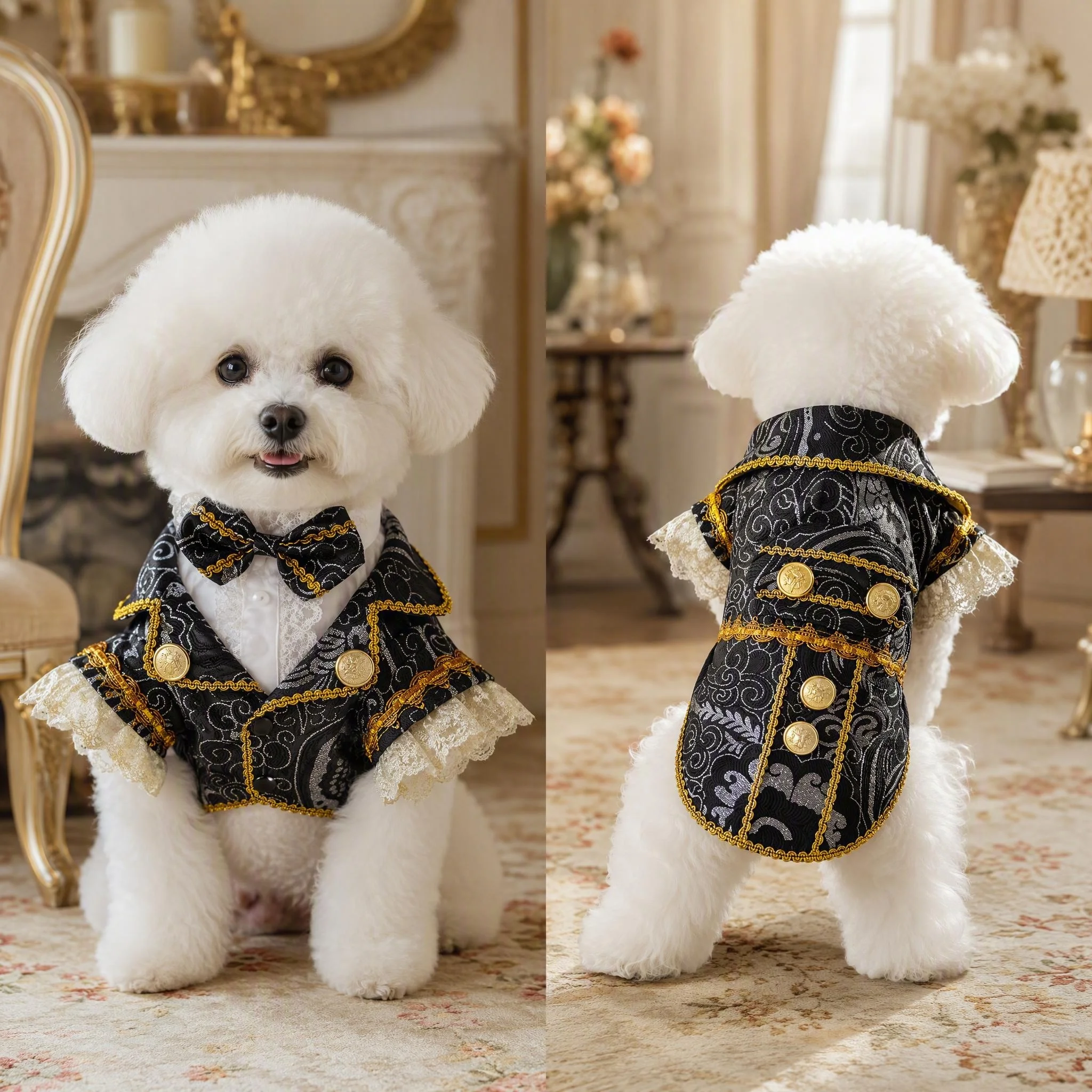 Handmade Handsome Pet Jacket Suit for Dogs Lace Cuff Two-Piece European Palace Prince Wedding Costume Holiday Party Outfit