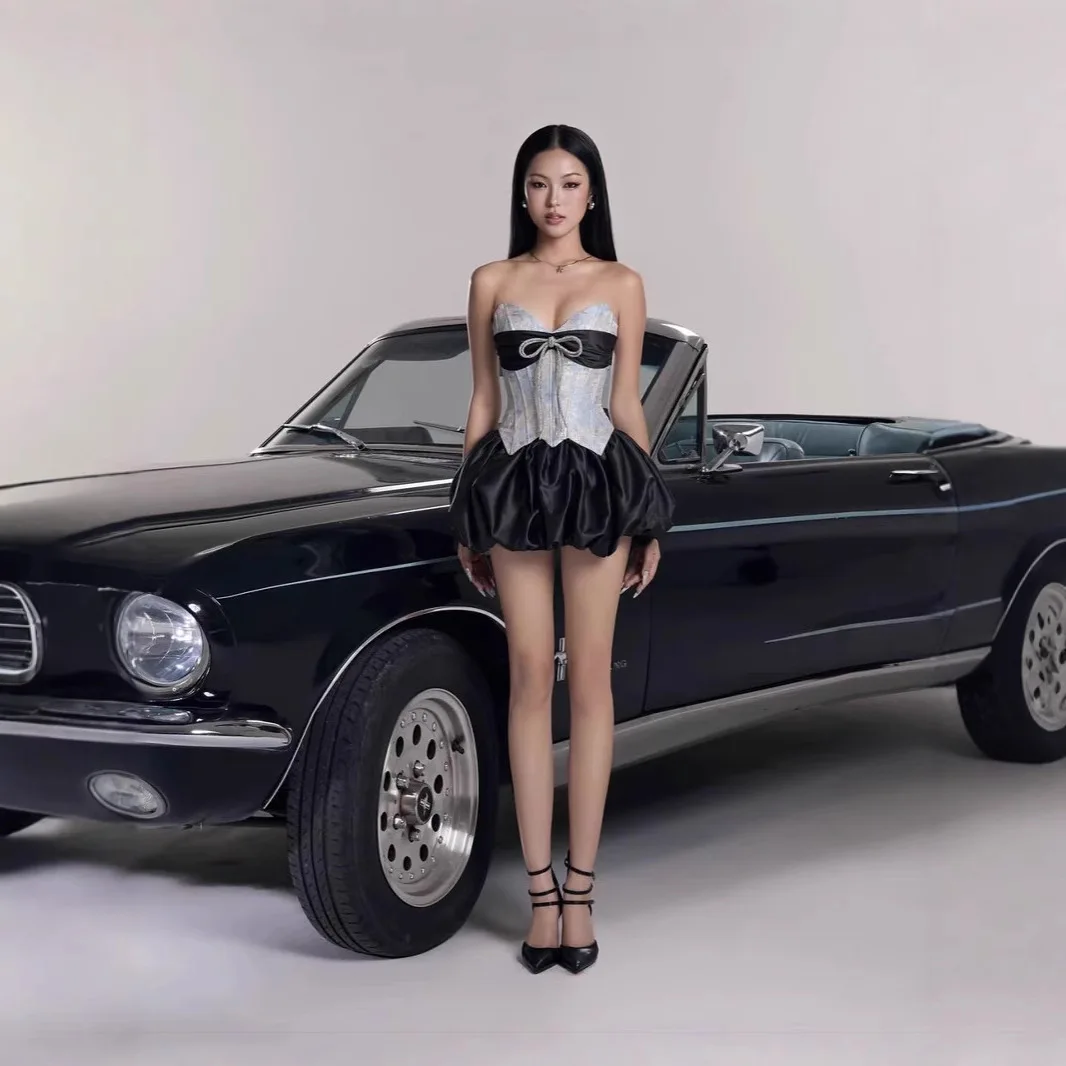 

customized women's adult fashion clothing retro style suspender sexy girl strapless bow fishbone top puffy skirt two-piece set