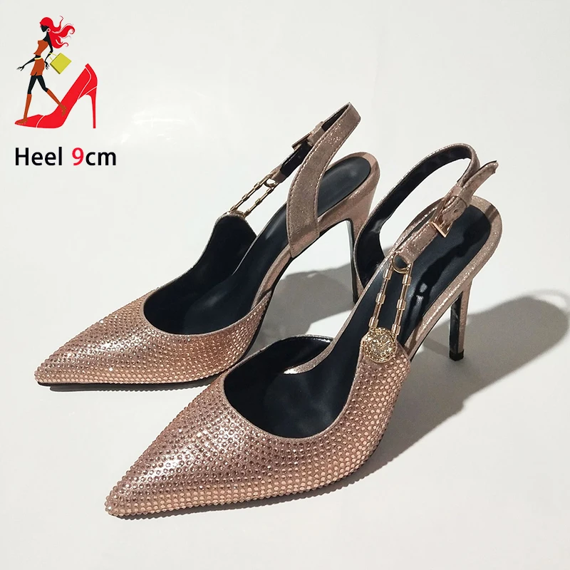 

Women Back Strap Pointed Toe Sandals Glitter Rhinestones Wedding Party Dress Shoes Summer Office Thin High Heels Footwear Black